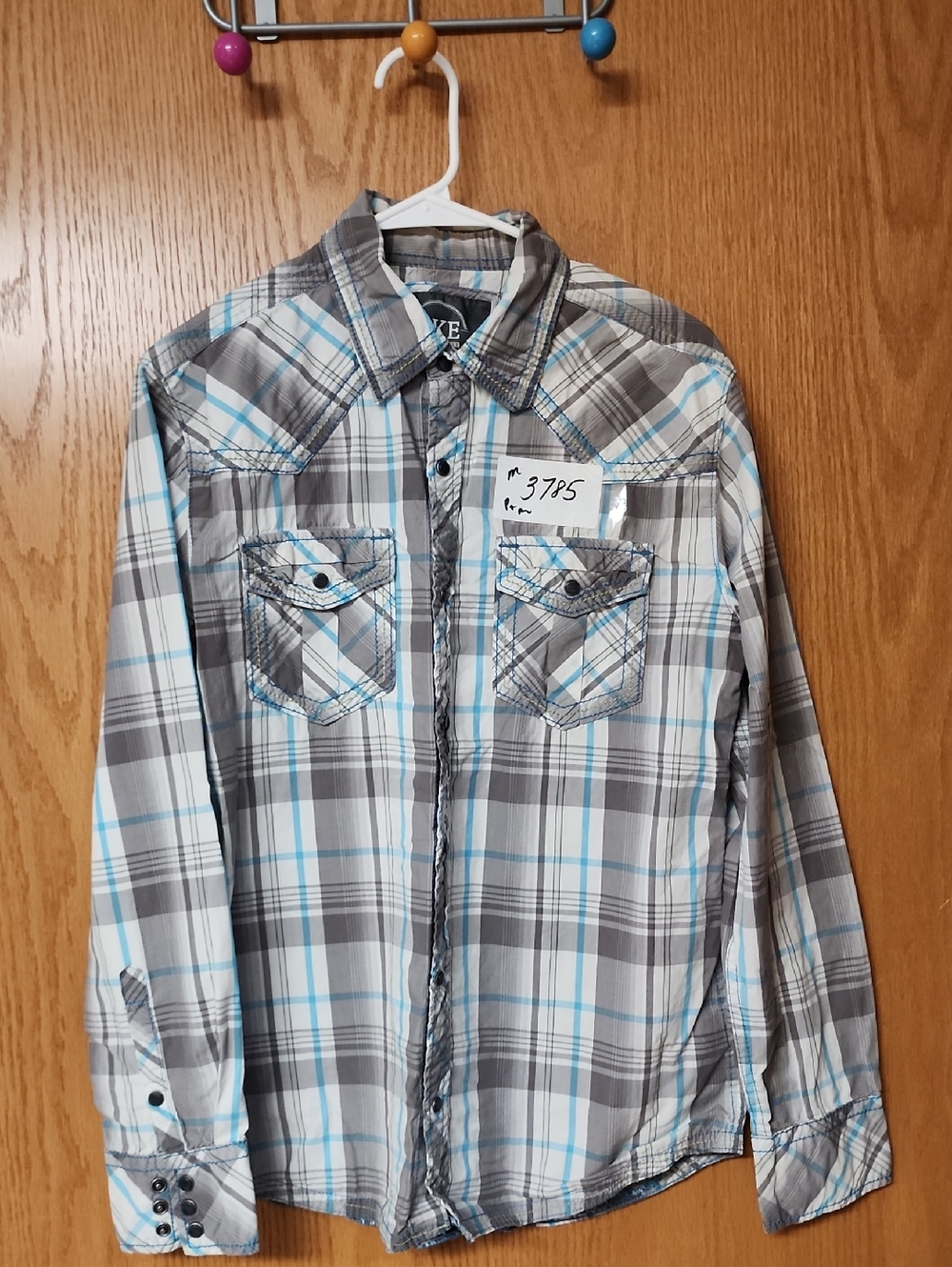 BKE Gray & Light Blue Plaid Men's Snap Shirt  M number 3785